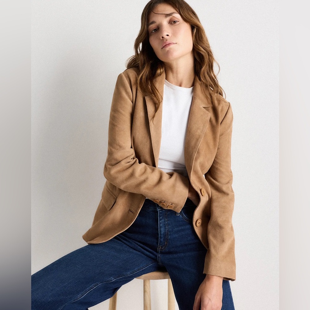 Quince Women 100% Suede Blazer Pecan Brown Outerwear L - Picture 7 of 11